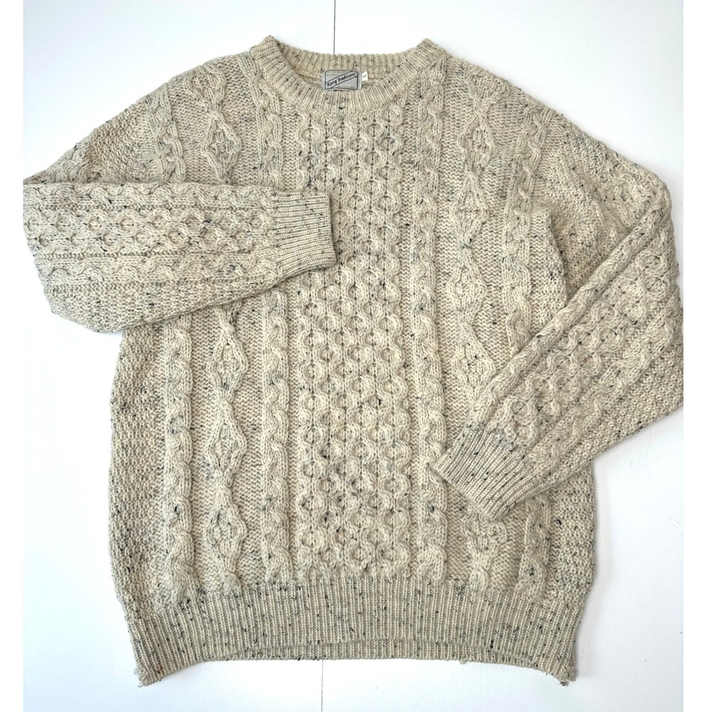 Kerry Traditions Irish Wool Sweater Large Oatmeal Aran Cable Knit Donegal Fleck - Picture 2 of 8
